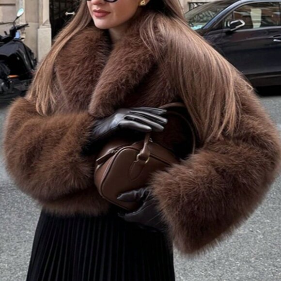 Coffee Brown Casual Women's Faux Fur Jacket coat - Picture 1 of 6